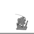 Game Movie Character Wearing Cloak Holding Sword with Feline Statue and Tree Trunk
