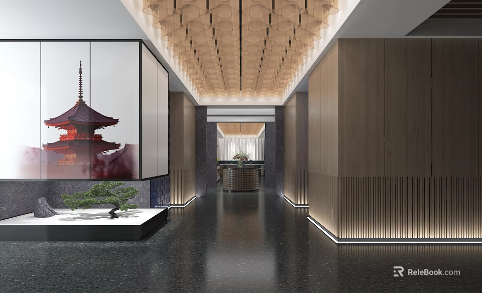 Elegant Restaurant Entrance Featuring Wooden Grid Ceiling Glass Display Red Tower Decoration And Bonsai 3d model 