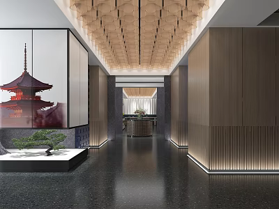 Elegant Restaurant Entrance Featuring Wooden Grid Ceiling Glass Display Red Tower Decoration And Bonsai 3d model