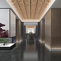 Elegant Restaurant Entrance Featuring Wooden Grid Ceiling Glass Display Red Tower Decoration And Bonsai