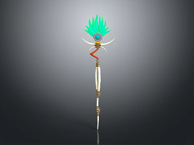 Ornate Tribal Ceremonial Weapon With Green Feather Decoration Ivory Staff And Golden Accents 3d model
