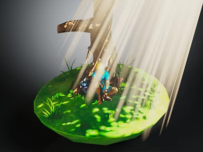 Game Character Sitting Near Signpost On Grassy Platform With Sunlight Beams 3d model