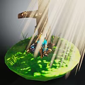 Game Character Sitting Near Signpost On Grassy Platform With Sunlight Beams