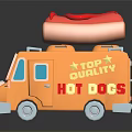 Orange Food Truck With Large Hot Dog on Top and Yellow Red Stripes
