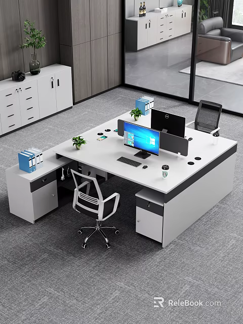 Modern Office Desk With Dual Monitors Ergonomic Chair Potted Plant Blue Files And Coffee Mug 3d model 