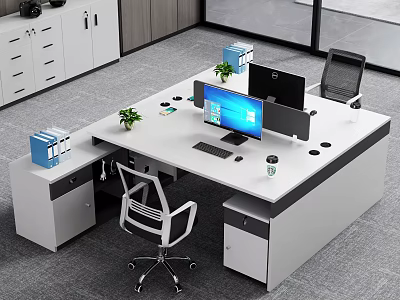 Modern Office Desk With Dual Monitors Ergonomic Chair Potted Plant Blue Files And Coffee Mug 3d model