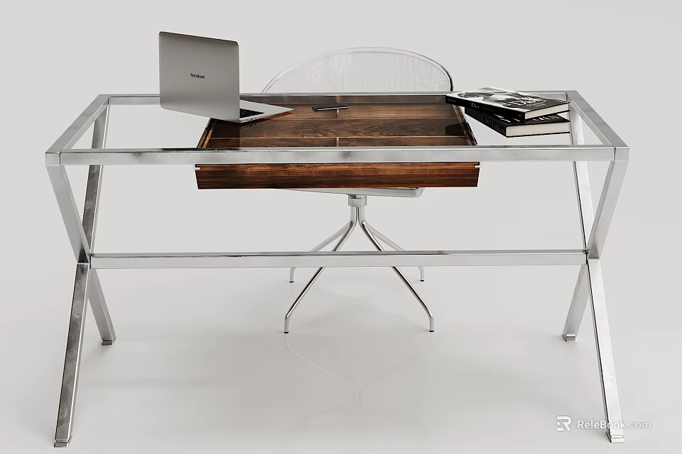 Modern Office Desk With Glass Top Metal Frame Laptop Books And Clear Chair 3d model 
