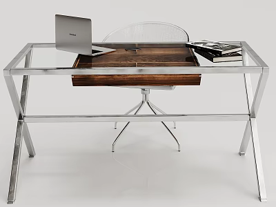 Modern Office Desk With Glass Top Metal Frame Laptop Books And Clear Chair 3d model