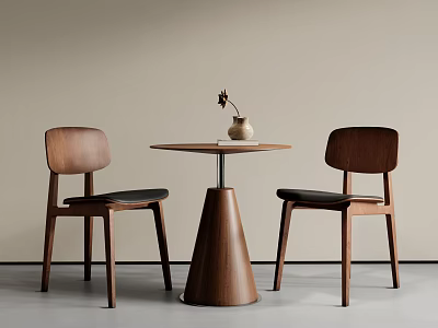 Wooden Table and Chair Set with Round Top Two Chairs Black Cushions Vase and Flower 3d model
