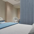 Modern Hospital Outpatient Ward With White Beds Blue Striped Curtains And TV