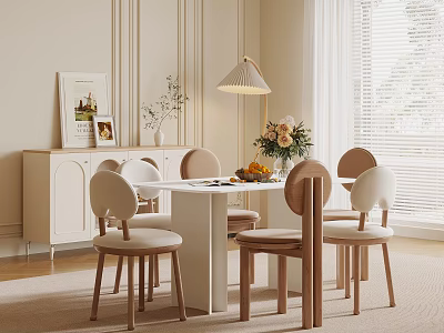 Elegant Restaurant Interior With White Dining Table Light Chairs Table Lamp And Flower Bouquet 3d model