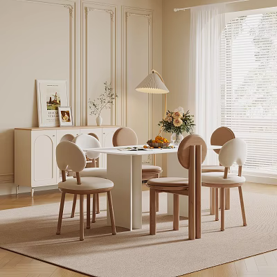Elegant Restaurant Interior With White Dining Table Light Chairs Table Lamp And Flower Bouquet 3d model