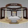 Modern Circular Exhibition Booth With Wooden Structure SIDORS Signage Central Table And Marble Elements