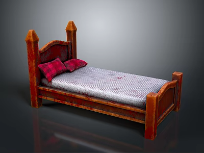 Wooden Bed With Pointed Top Headboard Two Red Pillows And Patterned Mattress 3d model