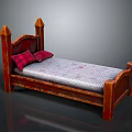 Wooden Bed With Pointed Top Headboard Two Red Pillows And Patterned Mattress 3d model