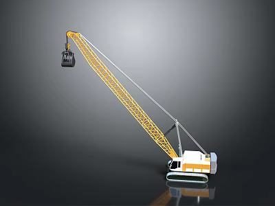 Yellow Construction Crane with Long Boom and Grab Bucket White and Orange Body 3d model