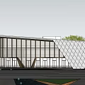 Modern Sales Office Building Exterior With Greenery And High Rise Buildings Around