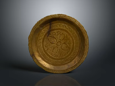 Golden Decorative Plate With Intricate Carved Patterns On Gray Background 3d model