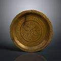 Golden Decorative Plate With Intricate Carved Patterns On Gray Background 3d model