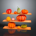 Various Colorful Pumpkins with Different Shapes Displayed on Three Tiered Wooden Shelves
