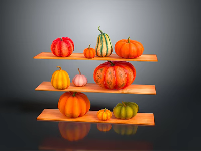 Various Colorful Pumpkins with Different Shapes Displayed on Three Tiered Wooden Shelves 3d model