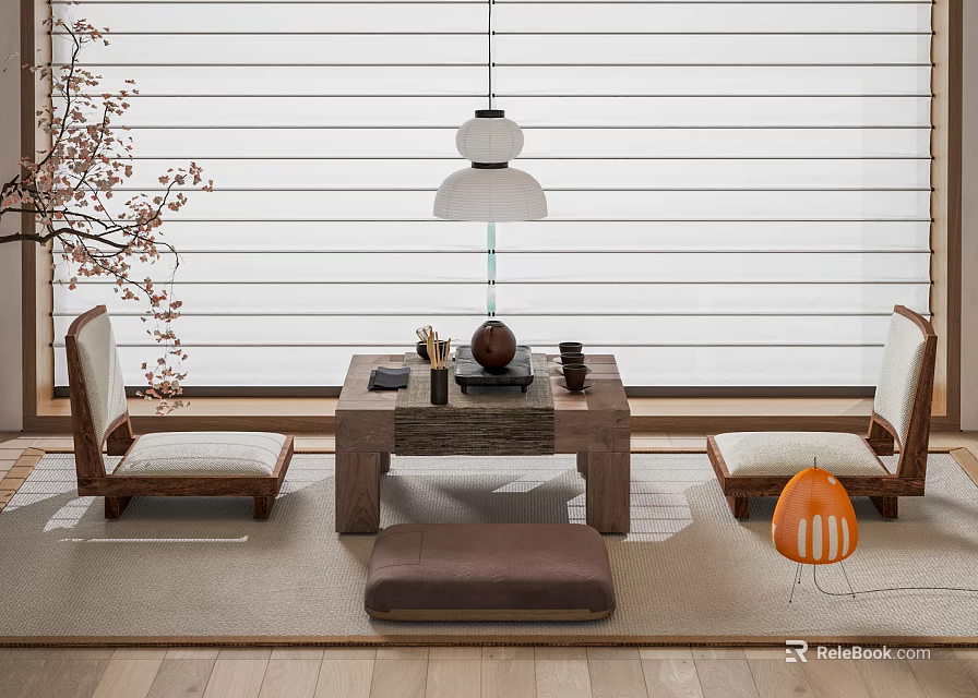 Japanese Style Tea Table Interior With Wooden Chairs Hanging Lamp Cherry Blossom And Brown Cushion 3d model 