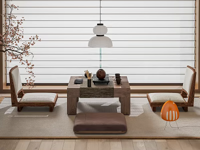 Japanese Style Tea Table Interior With Wooden Chairs Hanging Lamp Cherry Blossom And Brown Cushion 3d model