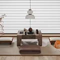 Japanese Style Tea Table Interior With Wooden Chairs Hanging Lamp Cherry Blossom And Brown Cushion