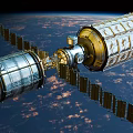 Space Station Module With Golden Exterior And Solar Panels Orbiting Earth