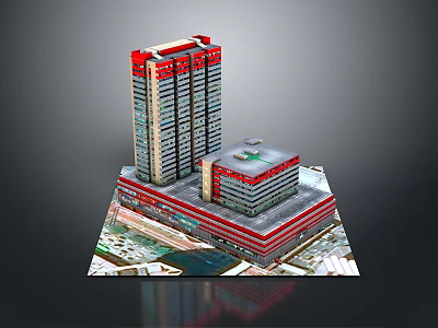 Modern High Rise And Low Rise Building Complex With Red Gray Exterior And Glass Curtain Walls 3d model