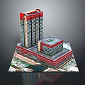 Modern High Rise And Low Rise Building Complex With Red Gray Exterior And Glass Curtain Walls