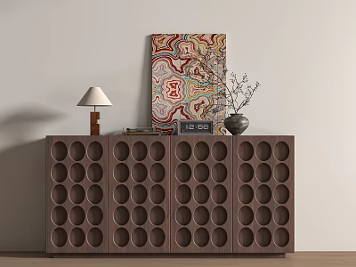 Dark Brown Entryway Side Cabinet With Circular Hole Design Table Lamp Decorative Painting And Vase 3d model