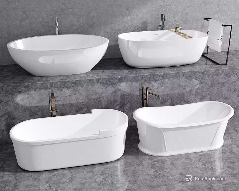 Four White Oval and Rectangular Bathtubs with Faucets on Grey Stone Countertop 3d model