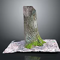 Natural Wood and Stone Tree Stump with Bark Texture and Green Moss on Base 3d model