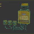 Industrial Yellow Electrical Control Box With Number 095 Three Meters and Rusty Connecting Pipes
