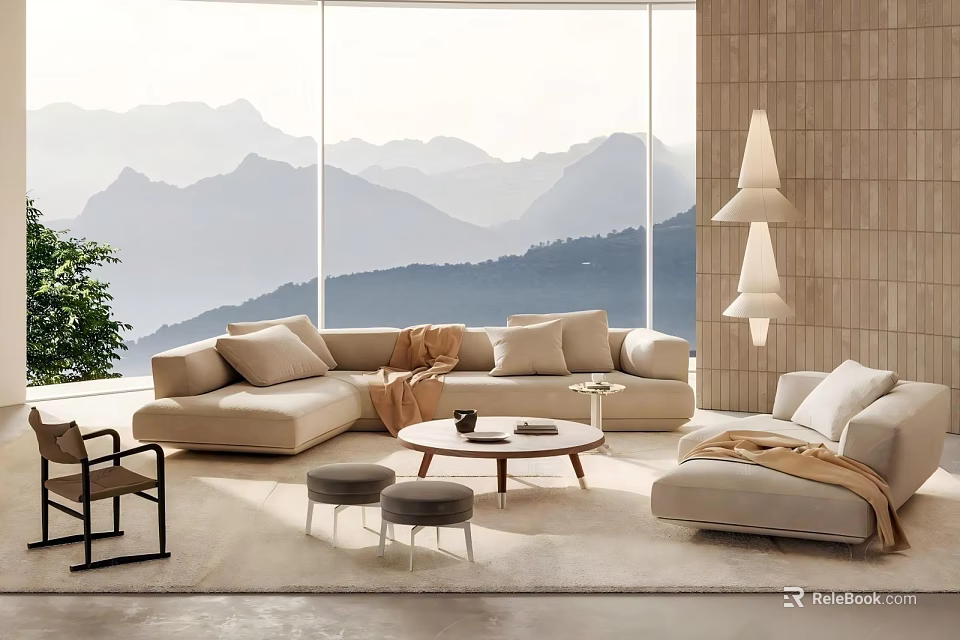 Cozy Modern Luxury Beige Sofa Set For Spacious Bright Panoramic Mountain View Living Room 3d model 