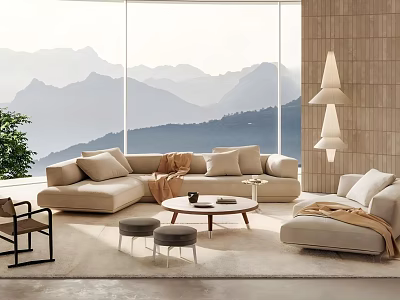 Cozy Modern Luxury Beige Sofa Set For Spacious Bright Panoramic Mountain View Living Room 3d model