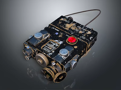 Black Vintage Control Device With Red Button Silver Knobs And Worn Metal Surface 3d model