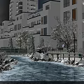 Scenic Snowy Winter Landscape with Frozen Stream Tall Buildings Trees and Stones