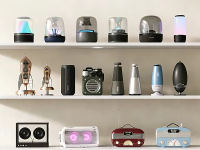 Various Headphones and Speakers with Modern and Vintage Designs Displayed on Shelves 3d model