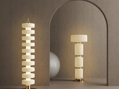 Modern Floor Lamps With Layered White Shades And Gold Bases For Interior Design 3d model