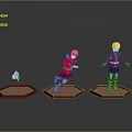 Pink Haired Character And Small Creature On Hexagonal Bases Red Coat Black Skirt Various Poses