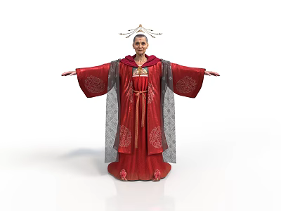 A Woman In Red Traditional Robe With Ornate Headdress And Arms Outstretched Against White Background 3d model