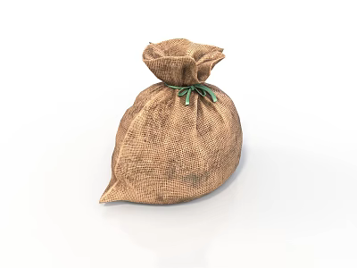 Handcrafted Burlap Storage Bag For Daily Supplies With Green String Tie 3d model
