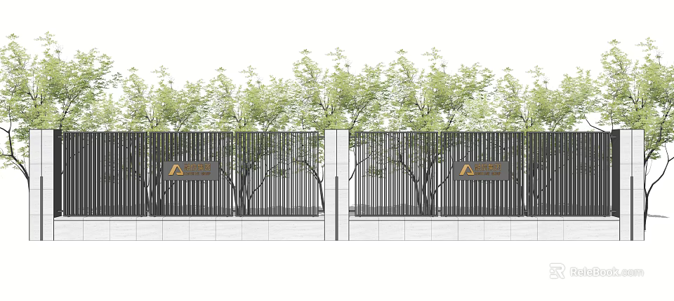 Modern Building Facade With Vertical Slats Design Green Trees And Brand Logo 3d model 