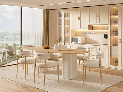 Modern Luxury Restaurant With Round Table White Chairs River View Floor To Ceiling Windows 3d model