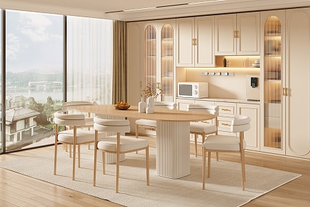 French Cream Style Home Restaurant Solid Wood Dining Table and Chair Combination Fabric Backrest Dining Chair Kitchen Glass Cabinet Wine Cabinet 3d model