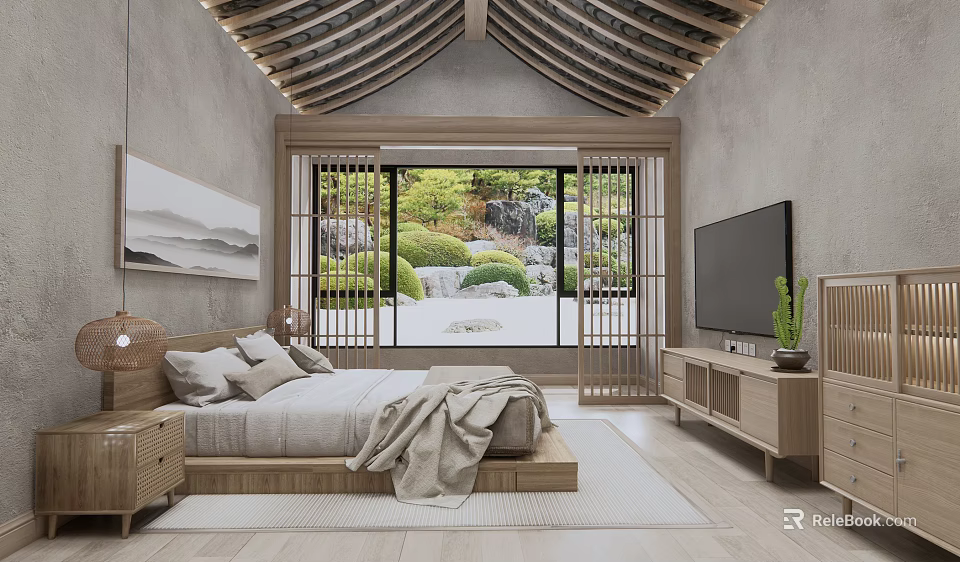 Hotel Room With Wooden Ceiling Gray Walls Bed TV Shoji Doors And Japanese Garden View 3d model 