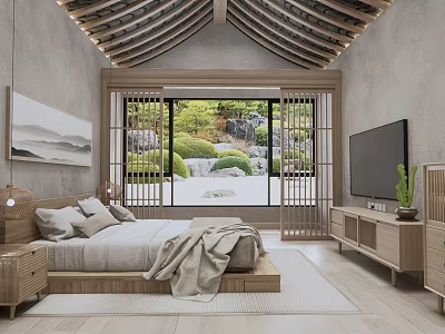 Hotel Room With Wooden Ceiling Gray Walls Bed TV Shoji Doors And Japanese Garden View 3d model