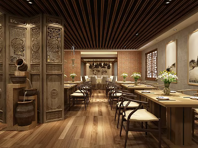 Traditional Chinese Restaurant Interior With Carved Wooden Screens Wooden Ceiling Dining Tables And Chairs 3d model